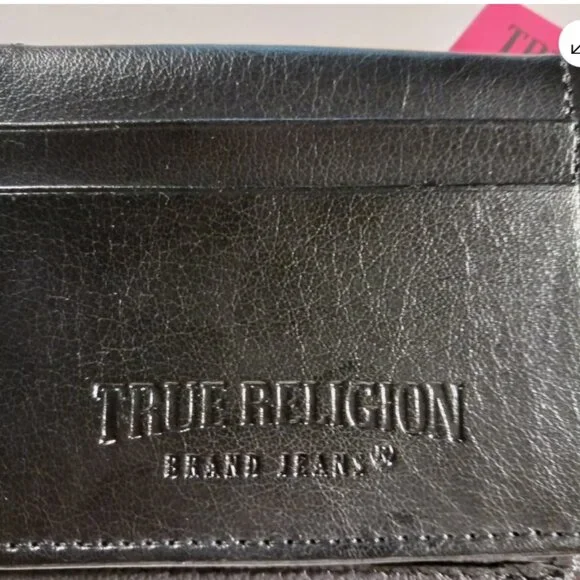 True Religion Mens Wallet Bifold Black Horseshoe Gold Logo Genuine Leather RFID - Picture 9 of 13